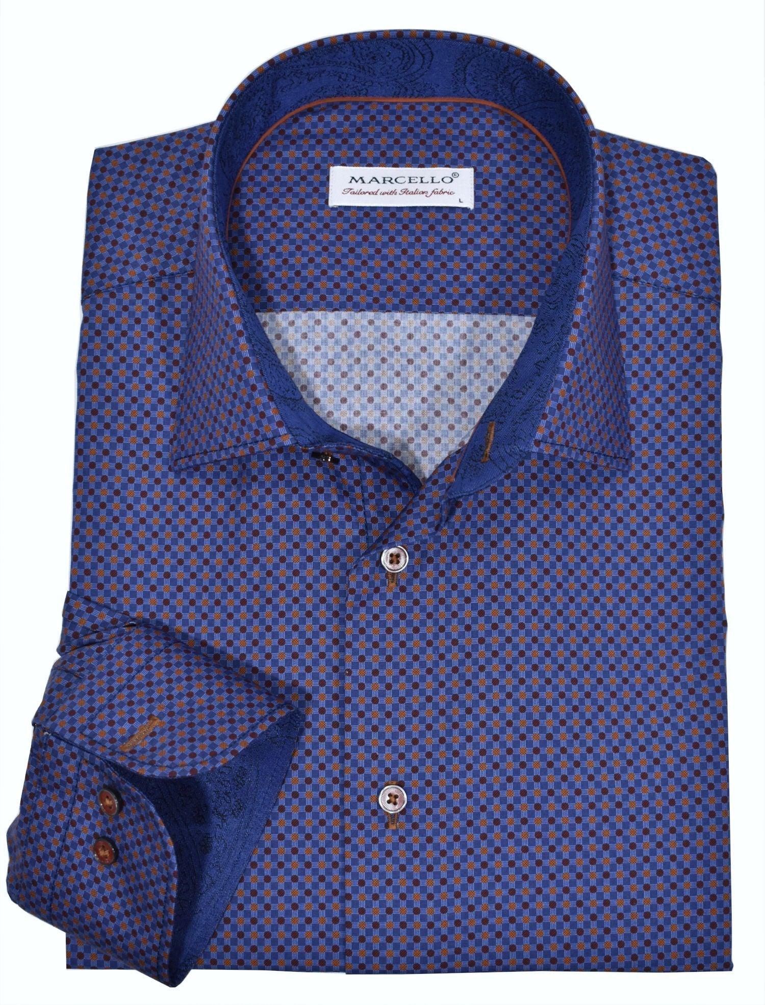 An outstanding combination of a classic window pane plaid pattern married with a colored dot pattern in complimentary colors. The result is a sharp sport shirt perfect for dress or casual events. Soft cotton sateen feels great on. Custom matched buttons and contrast stitch detailing. Matched trim fabric and contrast piping adds fashion style. Medium spread collar. Classic shaped fit, perfect for a medium build. Shirt by Marcello Sport.