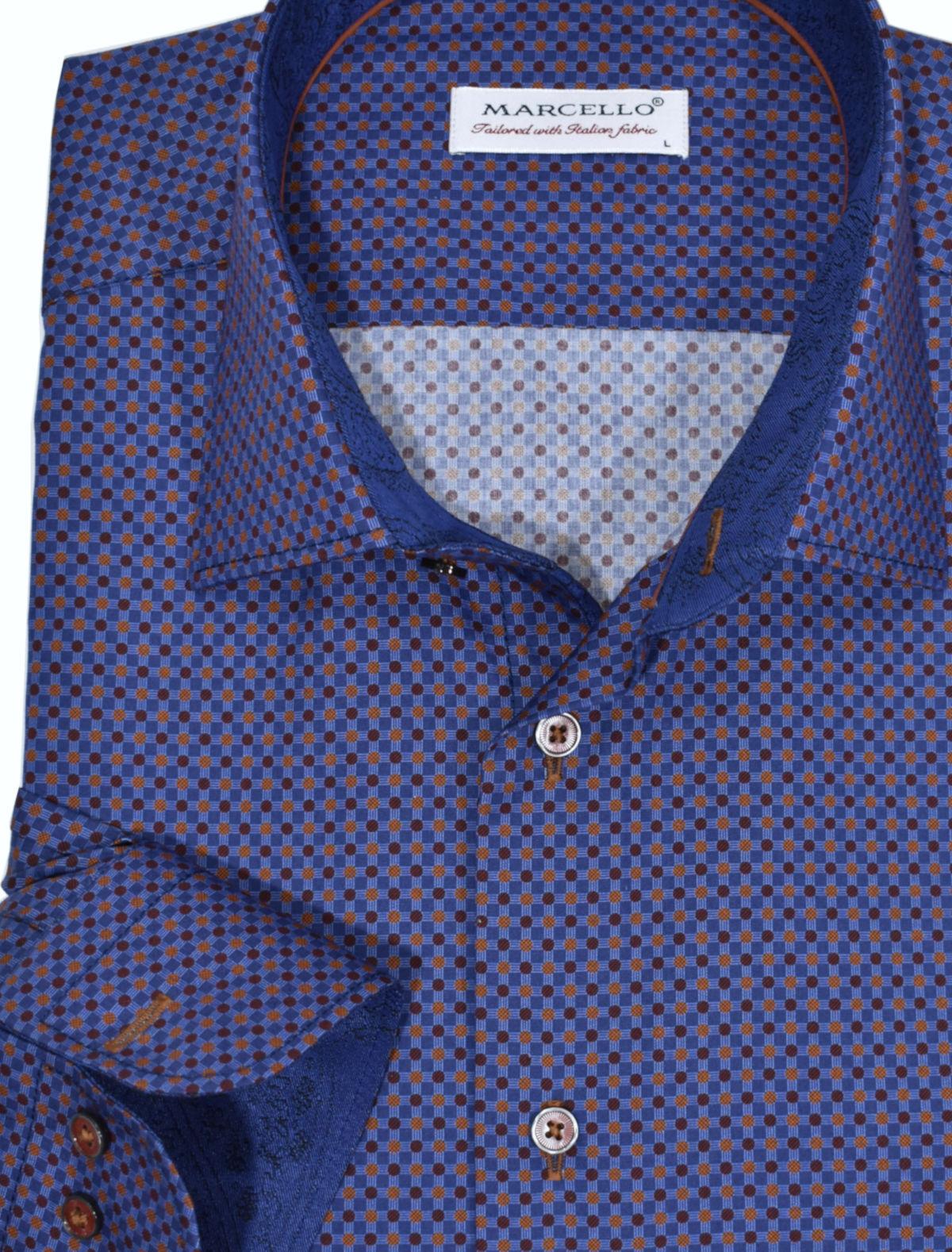 An outstanding combination of a classic window pane plaid pattern married with a colored dot pattern in complimentary colors.  The result is a sharp sport shirt perfect for dress or casual events.  Soft cotton sateen feels great on. Custom matched buttons and contrast stitch detailing. Matched trim fabric and contrast piping adds fashion style. Medium spread collar. Classic shaped fit, perfect for a medium build. Shirt by Marcello Sport.