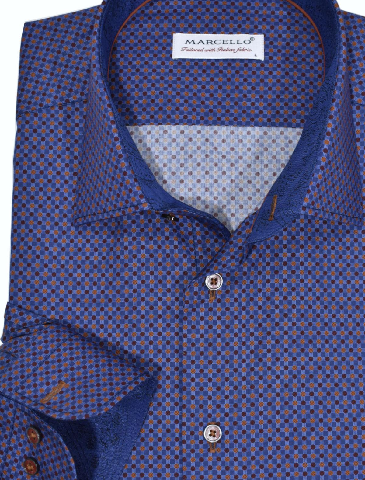An outstanding combination of a classic window pane plaid pattern married with a colored dot pattern in complimentary colors. The result is a sharp sport shirt perfect for dress or casual events. Soft cotton sateen feels great on. Custom matched buttons and contrast stitch detailing. Matched trim fabric and contrast piping adds fashion style. Medium spread collar. Classic shaped fit, perfect for a medium build. Shirt by Marcello Sport.