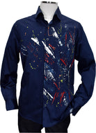 Marcello exclusive hand painted collection on rich, soft cotton sateen fabric in an abstract hand painted pattern.  Our team of artists custom hand paint each shirt.  The hand painted designs are applied one by one for a truly unique and exciting style.  Custom buttons and stitch work for enhanced detailing.  Classic shaped fit, perfect for a medium build. Hand painted shirt by Marcello.