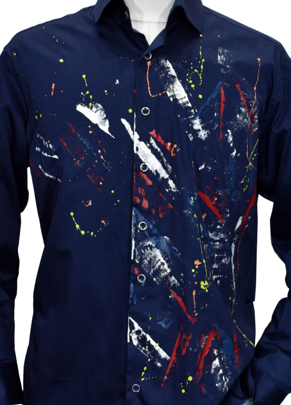 Marcello exclusive hand painted collection on rich, soft cotton sateen fabric in an abstract hand painted pattern.  Our team of artists custom hand paint each shirt.  The hand painted designs are applied one by one for a truly unique and exciting style.  Custom buttons and stitch work for enhanced detailing.  Classic shaped fit, perfect for a medium build.