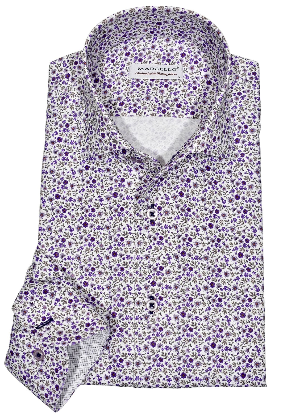 Exclusive Marcello 1 Piece Roll Collar Shirt.  The one piece roll collar stands perfectly and looks fantastic alone or under a sport coat.  The classic lilac open paisley pattern coupled with a rich tonal herringbone fabric creates a sophisticated look to set your apart from the rest.  Hand selected buttons, two button cuff placket for the best look when rolling up the cuffs and enhanced stitch detailing.  Classic shaped fit.