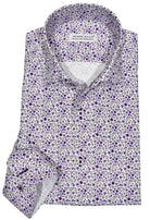 Exclusive Marcello 1 Piece Roll Collar Shirt.  The one piece roll collar stands perfectly and looks fantastic alone or under a sport coat.  The classic lilac open paisley pattern coupled with a rich tonal herringbone fabric creates a sophisticated look to set your apart from the rest.  Hand selected buttons, two button cuff placket for the best look when rolling up the cuffs and enhanced stitch detailing.  Classic shaped fit.