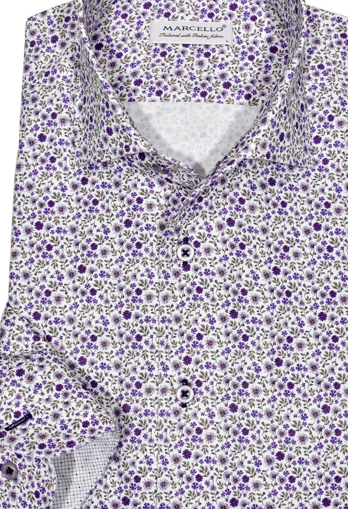 Exclusive Marcello 1 Piece Roll Collar Shirt.  The one piece roll collar stands perfectly and looks fantastic alone or under a sport coat.  The classic lilac open paisley pattern coupled with a rich tonal herringbone fabric creates a sophisticated look to set your apart from the rest.  Hand selected buttons, two button cuff placket for the best look when rolling up the cuffs and enhanced stitch detailing.  Classic shaped fit.