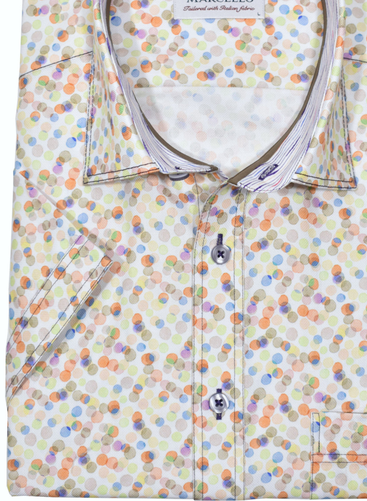 Elevate your style while frequenting the cafes or boardwalk with a soft cotton, royal oxford fabric, featuring an updated colored dot pattern.  Playful yet sophisticated to suit any image you are looking for.  Details include accent trim fabric, contrast double stitching and a buttoned chest pocket.