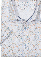 Rich colors thinly outlining a leaf type pattern on soft, royal oxford fabric to create a sophisticated short sleeve style.  The pattern exudes fashion while remaining traditional.  Details include matched trim fabric, double track contrast stitching and a buttoned chest pocket.  Classic shaped fit.