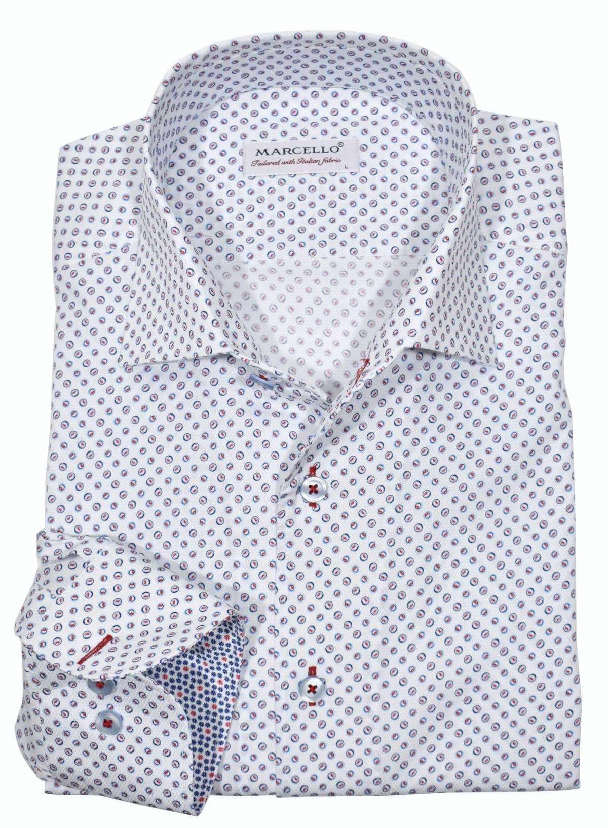 Marcello's perfect one piece roll collar is a must have.  Textured white cotton fabric with an ultra soft hand feeling is adorned with a small circle pattern of navy and red.  Accent red stitching and a classic shaped fit.