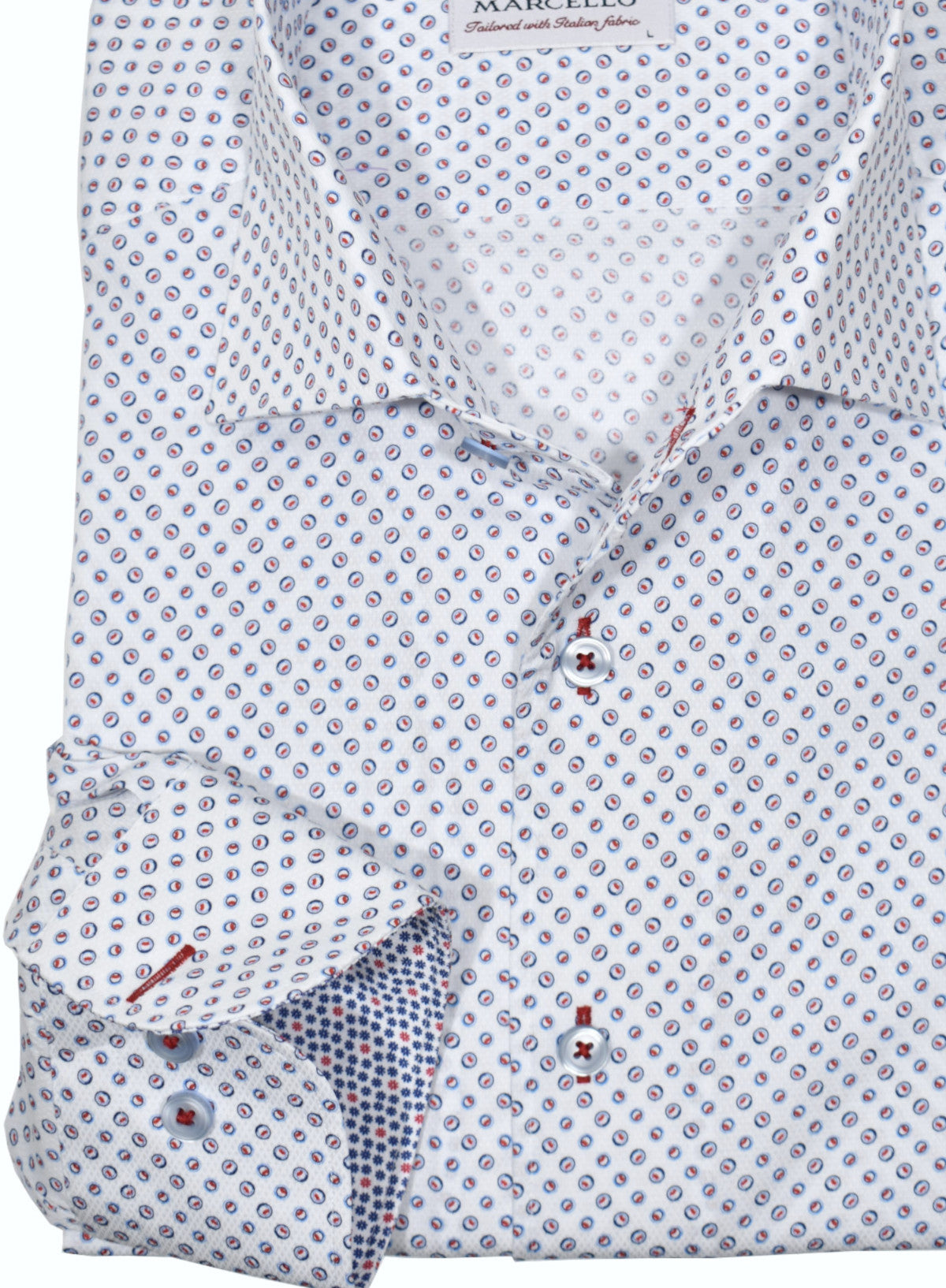 Marcello's perfect one piece roll collar is a must have.  Textured white cotton fabric with an ultra soft hand feeling is adorned with a small circle pattern of navy and red.  Accent red stitching and a classic shaped fit.