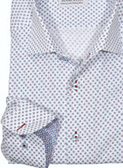 Marcello's perfect one piece roll collar is a must have.  Textured white cotton fabric with an ultra soft hand feeling is adorned with a small circle pattern of navy and red.  Accent red stitching and a classic shaped fit.