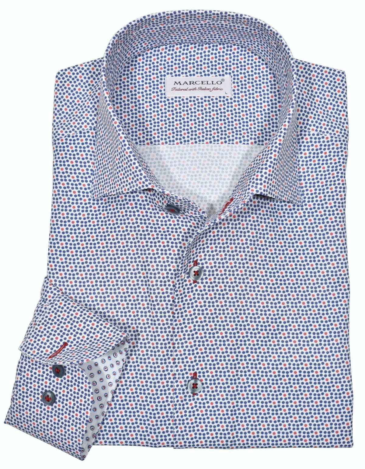 Marcello's perfect one piece roll collar is a must have. The shape and way the collar stands is like no other and will become your favorite go to model. Textured white cotton fabric with an ultra soft hand feeling is adorned with a small floral pattern of navy and red. Accent red stitching for a trendy look. SLIM Fit