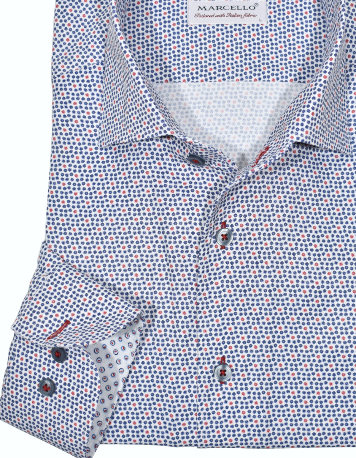 Marcello's perfect one piece roll collar is a must have. The shape and way the collar stands is like no other and will become your favorite go to model. Textured white cotton fabric with an ultra soft hand feeling is adorned with a small floral pattern of navy and red. Accent red stitching for a trendy look. SLIM Fit