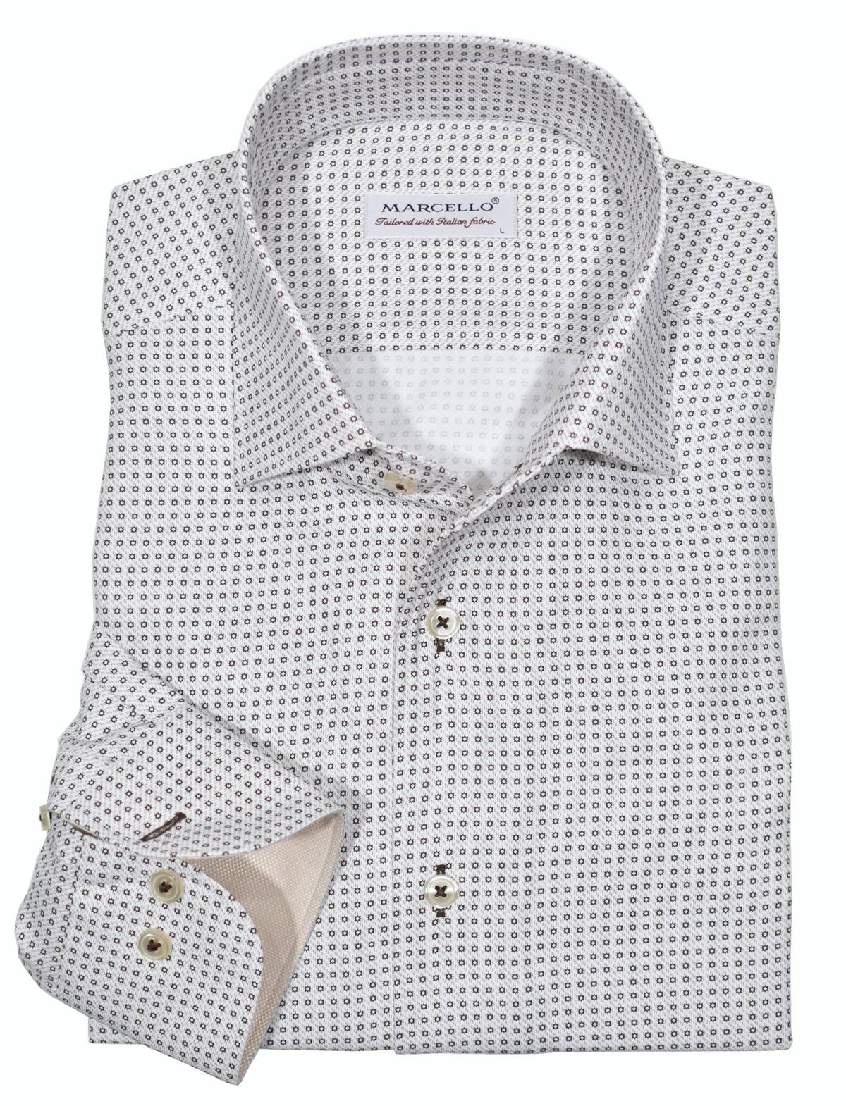 The ultimate, Marcello one piece roll collar, where the collar stands perfectly. The cotton microfiber fabric sports a rich herringbone pattern that feels great to the touch and the subtle print in soft tan creates an updated traditional pattern with style. Details include custom selected buttons, fashion cuff trim fabric and fine stitching. Excellent choice to pair with bottoms in most colors. Classic shaped fit.
