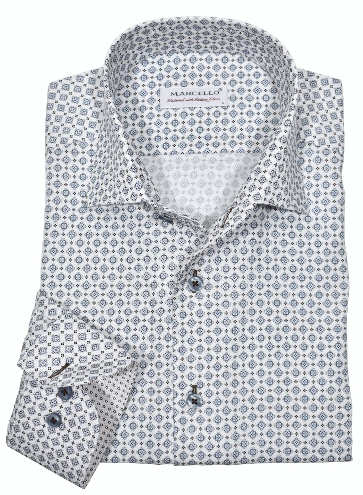 The ultimate, Marcello one piece roll collar, where the collar stands perfectly. The cotton microfiber fabric sports a rich and fine pique stitch that feels great to the touch and the classic medallion print with navy and mocha shades is an updated traditional pattern with style. Details include custom selected buttons, fashion cuff trim fabric and fine stitching. SLIM Fit.