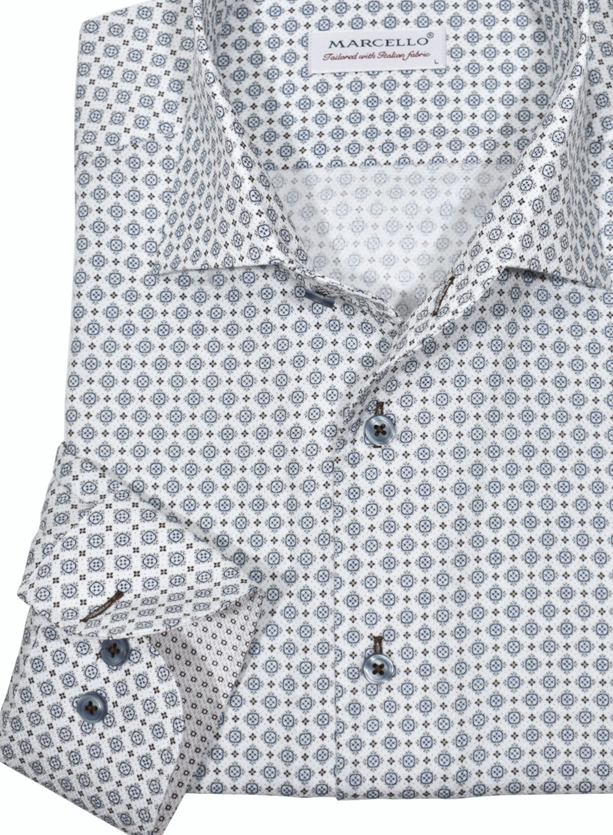 The ultimate, Marcello one piece roll collar, where the collar stands perfectly. The cotton microfiber fabric sports a rich and fine pique stitch that feels great to the touch and the classic medallion print with navy and mocha shades is an updated traditional pattern with style. Details include custom selected buttons, fashion cuff trim fabric and fine stitching. SLIM Fit.