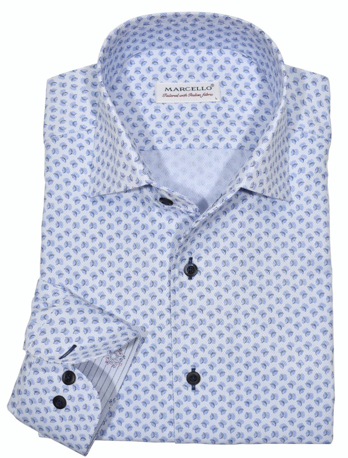 The ultimate, Marcello one piece roll collar, where the collar stands perfectly. The cotton microfiber fabric sports a rich and fine soft blue herringbone pattern that feels great to the touch.  The abstract print pattern with navy and blue shades creates a fashion look perfect for denims or under a navy sport coat.   Details include custom selected buttons, fashion cuff trim fabric and fine stitching.   Classic shaped fit.