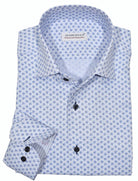 The ultimate, Marcello one piece roll collar, where the collar stands perfectly. The cotton microfiber fabric sports a rich and fine soft blue herringbone pattern that feels great to the touch.  The abstract print pattern with navy and blue shades creates a fashion look perfect for denims or under a navy sport coat.   Details include custom selected buttons, fashion cuff trim fabric and fine stitching.   Classic shaped fit.
