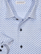 The ultimate, Marcello one piece roll collar, where the collar stands perfectly. The cotton microfiber fabric sports a rich and fine soft blue herringbone pattern that feels great to the touch.  The abstract print pattern with navy and blue shades creates a fashion look perfect for denims or under a navy sport coat.   Details include custom selected buttons, fashion cuff trim fabric and fine stitching.   Classic shaped fit.