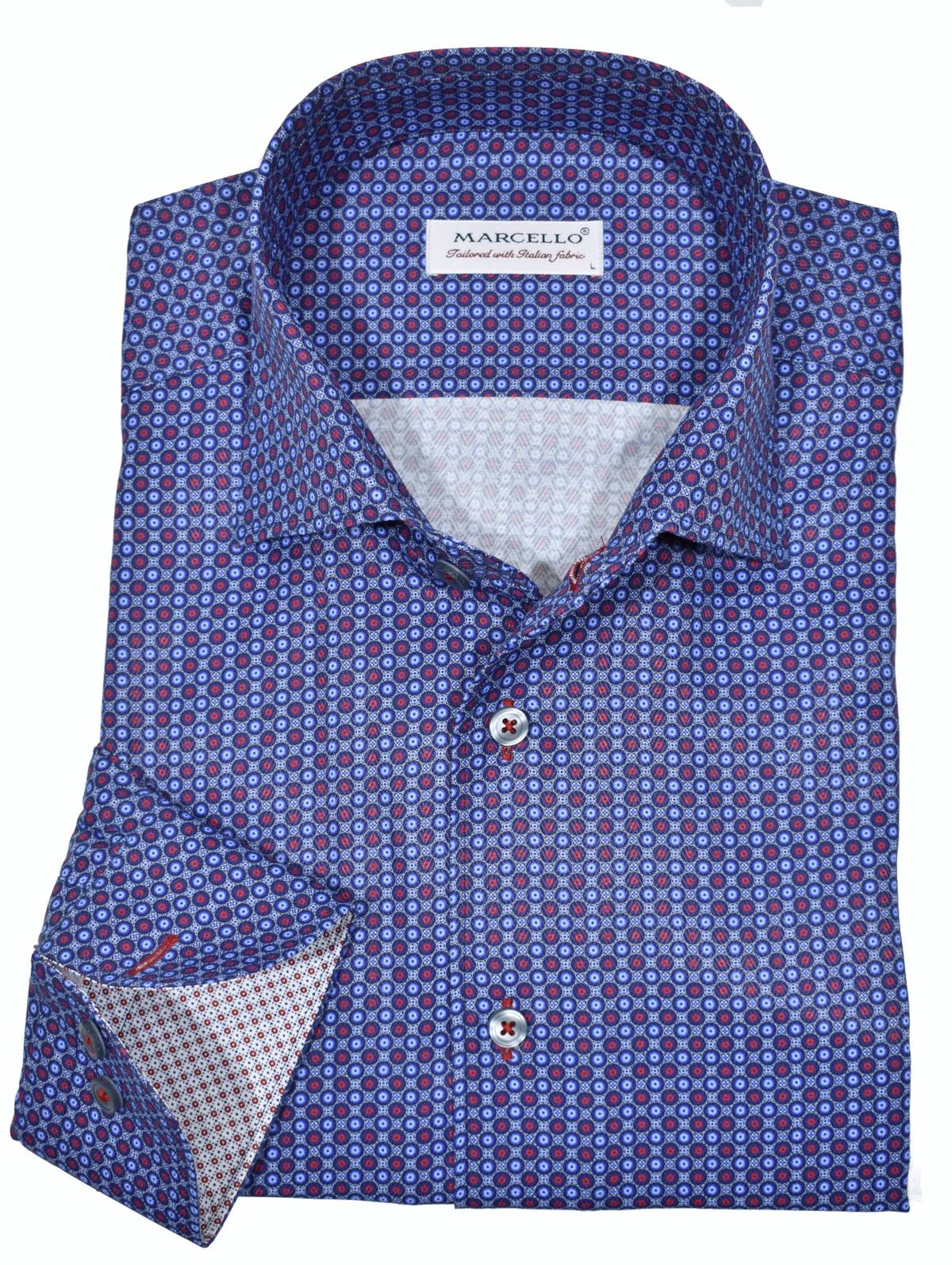 The ultimate, Marcello one piece roll collar, where the collar stands perfectly and the ultra cotton fabric feels incredible. The tight circle print pattern in welcoming blue shades with fine red accents is an excellent choice to pair with any color denim jeans. Complimentary under cuff trim fabric, matched buttons and matched stitching. Classic shaped fit.