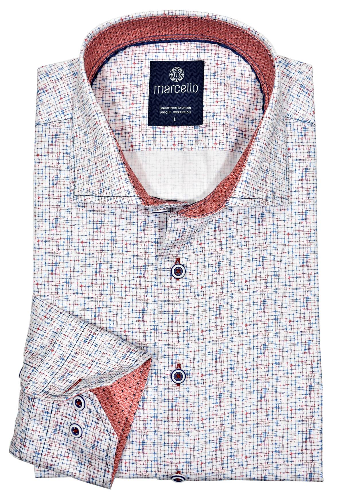 On soft cotton fabric, the abstract red and blue graduated plaid pattern with matched custom buttons and colored accent stitching depicts a cool, casual look.  This shirt is easily paired with different pants, shades of jeans and even shorts.  Matched accent red trim fabric, a medium collar.  Classic shaped fit.