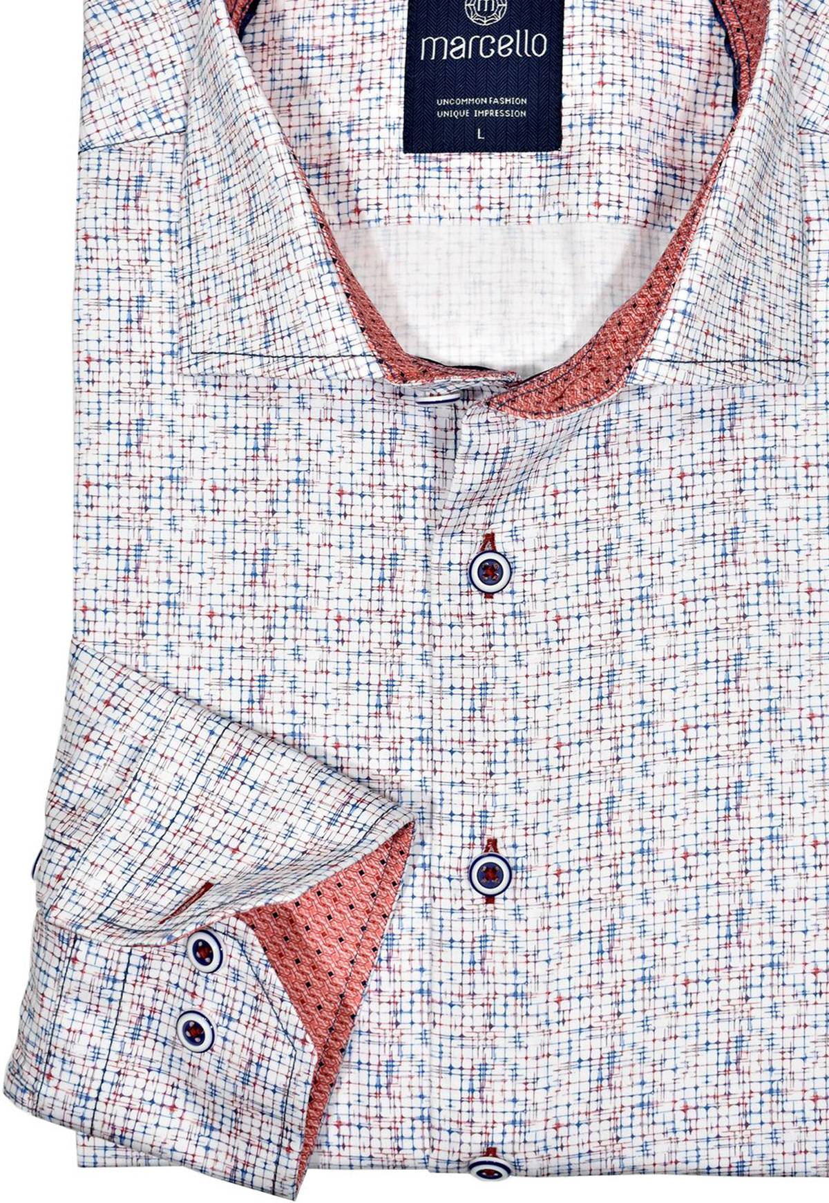 On soft cotton fabric, the abstract red and blue graduated plaid pattern with matched custom buttons and colored accent stitching depicts a cool, casual look.  This shirt is easily paired with different pants, shades of jeans and even shorts.  Matched accent red trim fabric, a medium collar.  Classic shaped fit.