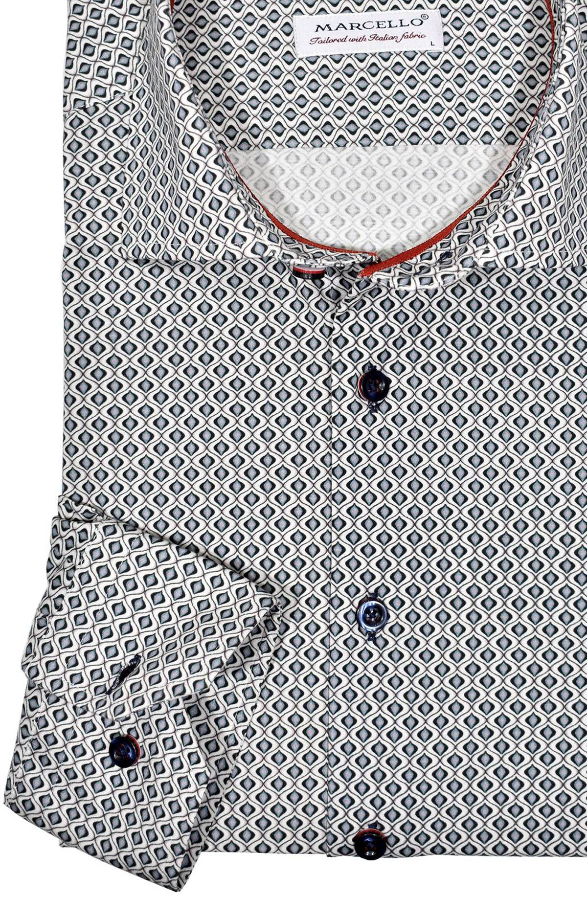 Soft cotton with a little stretch for added comfort. Slate grey abstract medallion pattern provides a unique look to update a traditional style.  A good choice to accompany black or gray family bottoms.  Custom hand selected buttons and cool red accent neck piping.   Classic shaped fit.