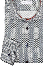 Soft cotton with a little stretch for added comfort. Slate grey abstract medallion pattern provides a unique look to update a traditional style.  A good choice to accompany black or gray family bottoms.  Custom hand selected buttons and cool red accent neck piping.   Classic shaped fit.