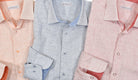 We call it linen due to the look of the weave, however it is 70% cotton 30% linen.  Fortunately the look of linen without the wrinkling or negative traits.  Great color to brighten your image, custom buttons, matched trim fabric and contrast thicker stitching for a cool look.  Classic shaped fit.   Colors: Mango, Blue, Red