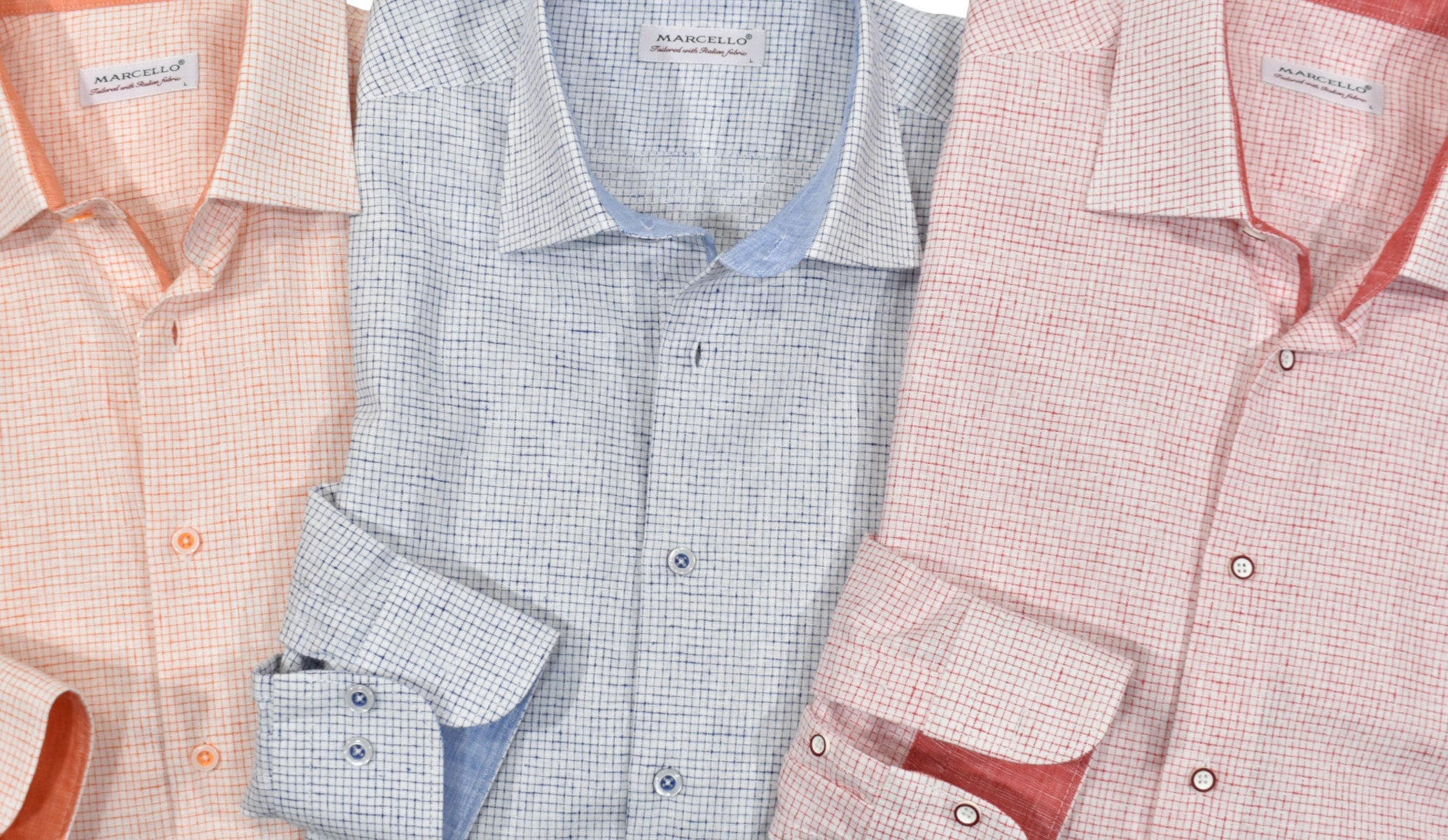 We call it linen due to the look of the weave, however it is 70% cotton 30% linen.  Fortunately the look of linen without the wrinkling or negative traits.  Great color to brighten your image, custom buttons, matched trim fabric and contrast thicker stitching for a cool look.  Classic shaped fit.   Colors: Mango, Blue, Red