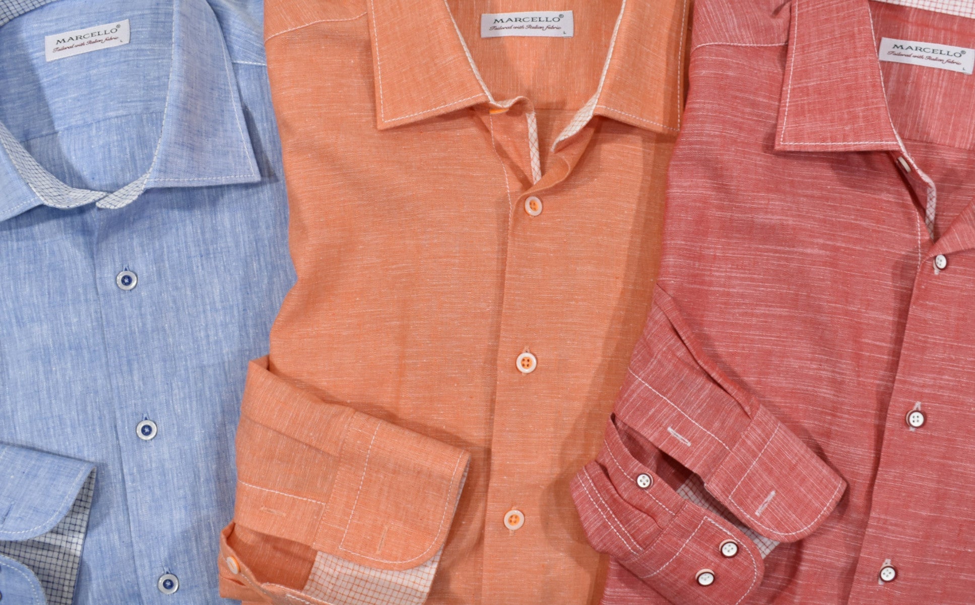 We call it linen due to the look of the weave, however it is 70% cotton 30% linen. Fortunately the look of linen without the wrinkling or negative traits. Great colors to brighten your image, custom buttons, matched trim fabric and contrast stitching for a cool look. Classic shaped fit. Blue, Mango, Red, White (not pictured)