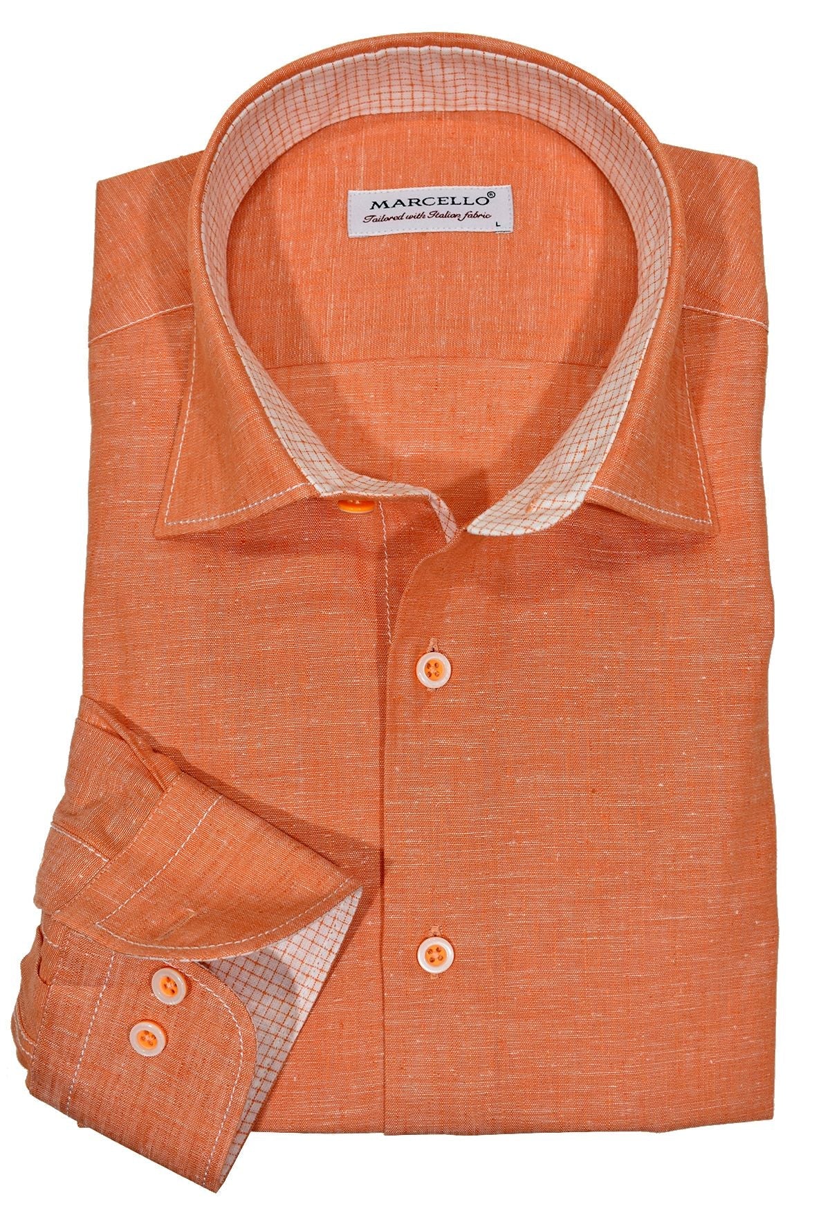 We call it linen due to the look of the weave, however it is 70% cotton 30% linen. Fortunately the look of linen without the wrinkling or negative traits. Great colors to brighten your image, custom buttons, matched trim fabric and contrast stitching for a cool look. Classic shaped fit. Blue, Mango, Red, White (not pictured)