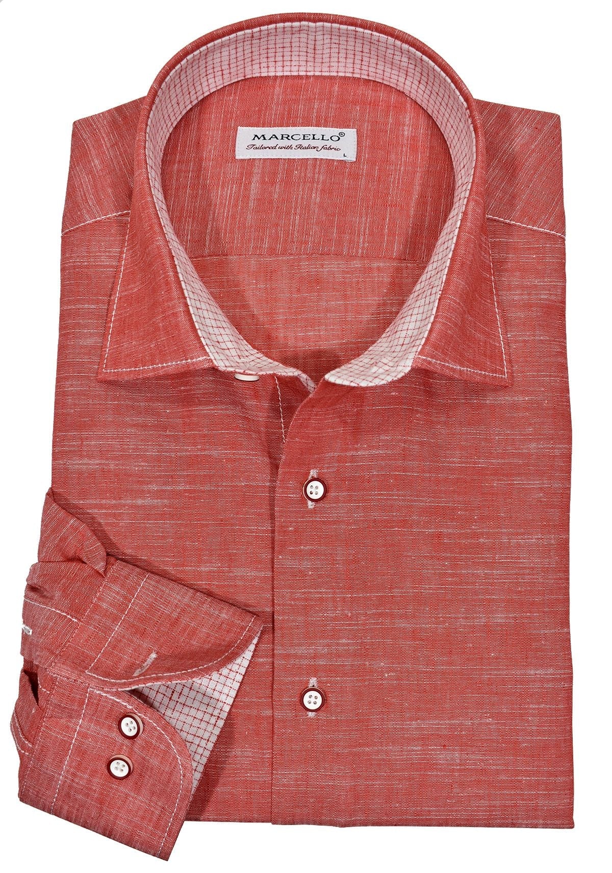 We call it linen due to the look of the weave, however it is 70% cotton 30% linen. Fortunately the look of linen without the wrinkling or negative traits. Great colors to brighten your image, custom buttons, matched trim fabric and contrast stitching for a cool look. Classic shaped fit. Blue, Mango, Red, White (not pictured)