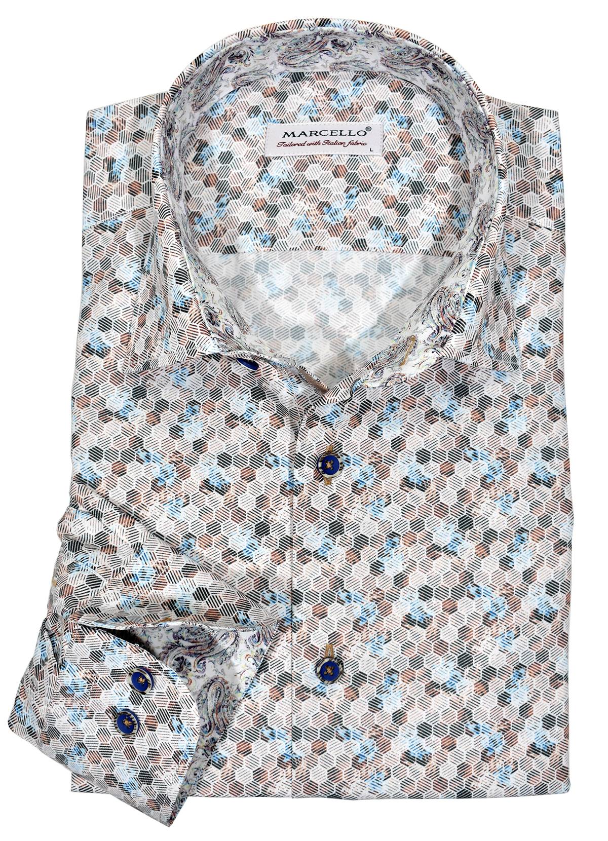 Soft, brushed like octagon print with neutral colors to work well with any bottoms or cool under a solid sport coat.  Really nice feeling cotton microfiber fabric adds to the look and feel. Lightweight and rich feeling.  Custom matched buttons.  Classic fit.