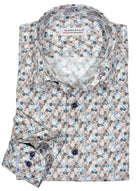 Soft, brushed like octagon print with neutral colors to work well with any bottoms or cool under a solid sport coat.  Really nice feeling cotton microfiber fabric adds to the look and feel. Lightweight and rich feeling.  Custom matched buttons.  Classic fit.