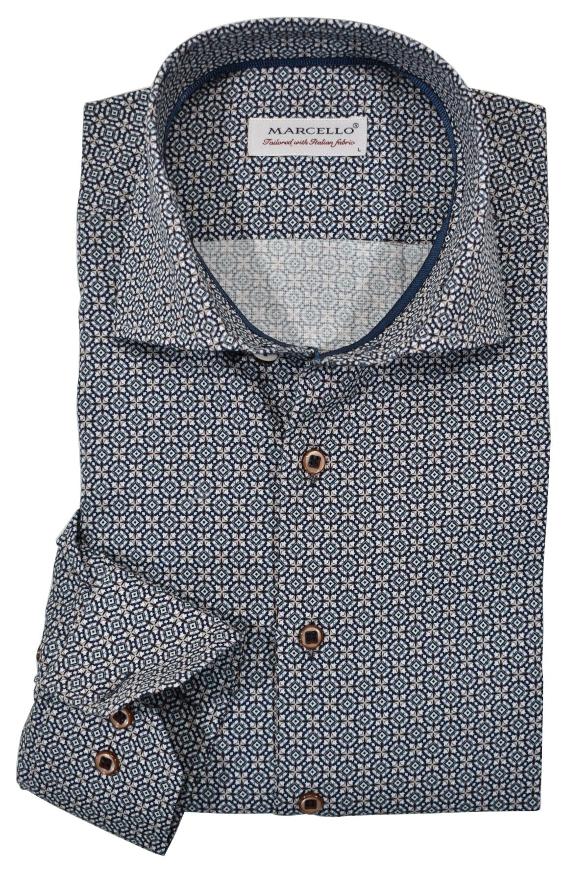 The first impression is the right one! The exclusively rich medallion pattern boasts a mixed medallion on a white ground with regal royal, navy and tan accents colors. An exceptionally rich pattern to foster a debonair image when paired with many colored bottoms.  The fabric is soft to the touch, consisting of cotton with a touch of lycra to provide diagonal stretch. The result is a luxurious feel with a little stretch for added comfort.