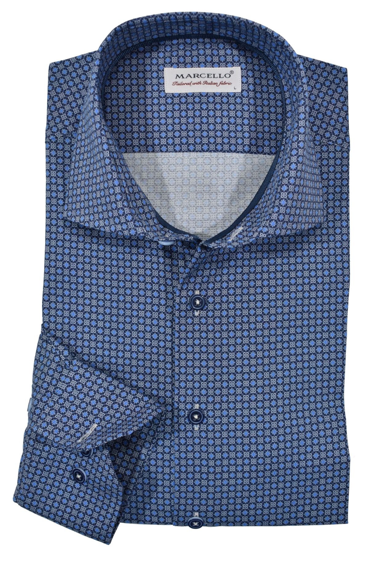 The mixed medallion in shades of blue with a touch of gray are an excellent choice for a dress or casual image when paired with any colored bottoms. The consistent neat pattern is traditional fashion at its finest.  The fabric is soft to the touch, consisting of luxe cotton with a touch of lycra to provide diagonal stretch. The result is a luxurious feel with a little stretch for added comfort.