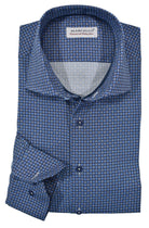 The mixed medallion in shades of blue with a touch of gray are an excellent choice for a dress or casual image when paired with any colored bottoms. The consistent neat pattern is traditional fashion at its finest.  The fabric is soft to the touch, consisting of luxe cotton with a touch of lycra to provide diagonal stretch. The result is a luxurious feel with a little stretch for added comfort.