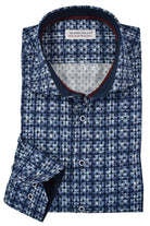 Looking for a cool shirt to pair with any color denims? This is an excellent choice. The white ground with a brushed window pane pattern has random matched dots allover. The cool pattern looks great worn out with the sleeves rolled up.  The fabric is soft to the touch, consisting of luxe cotton and a sateen finish.