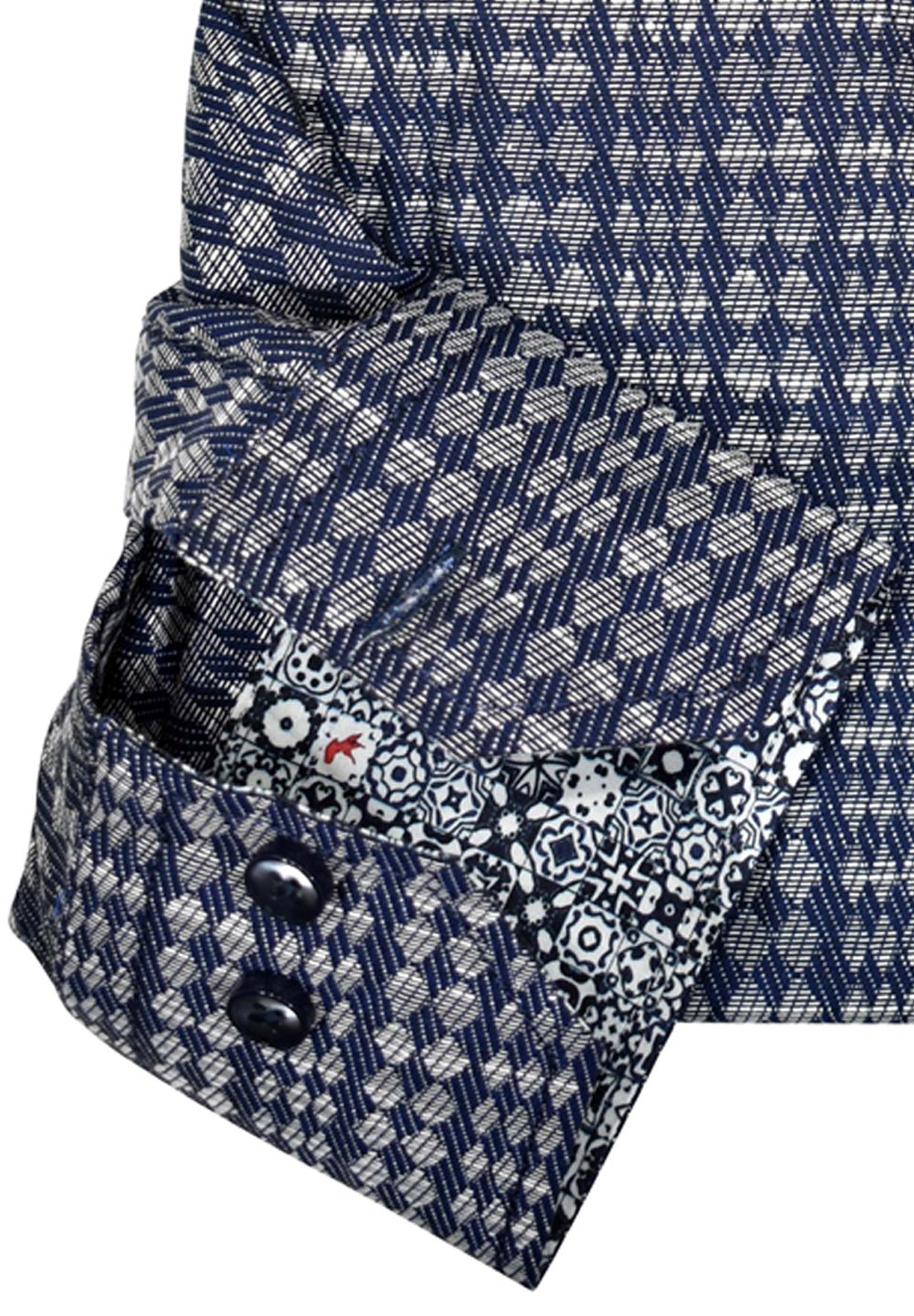 The melange vertical diamond pattern on a denim friendly fabric makes a cool yet dressy statement. Fashion trim fabric, custom buttons and a medium spread collar. Cotton, classic fit.