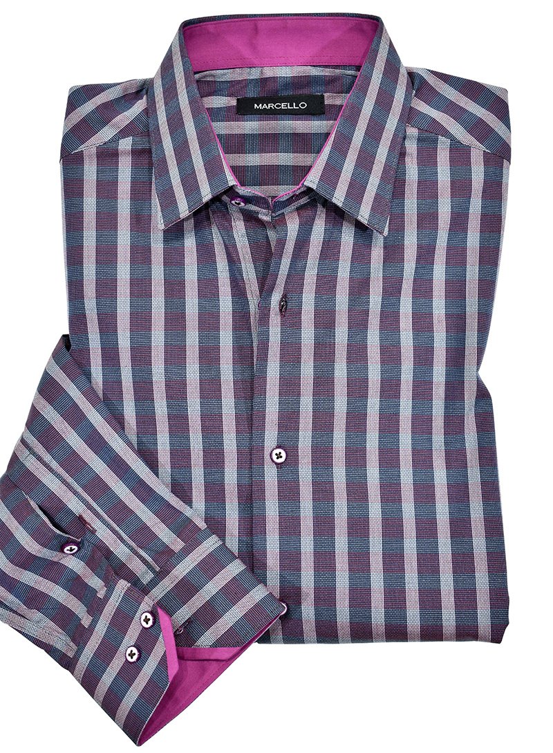 Rich medium plum plaid mixed with complimentary colors. The soft plaid adds style and an updated look to a traditional pattern. Hidden button down collar. Customer buttons. Coordinated trim fabric. Modern fit.