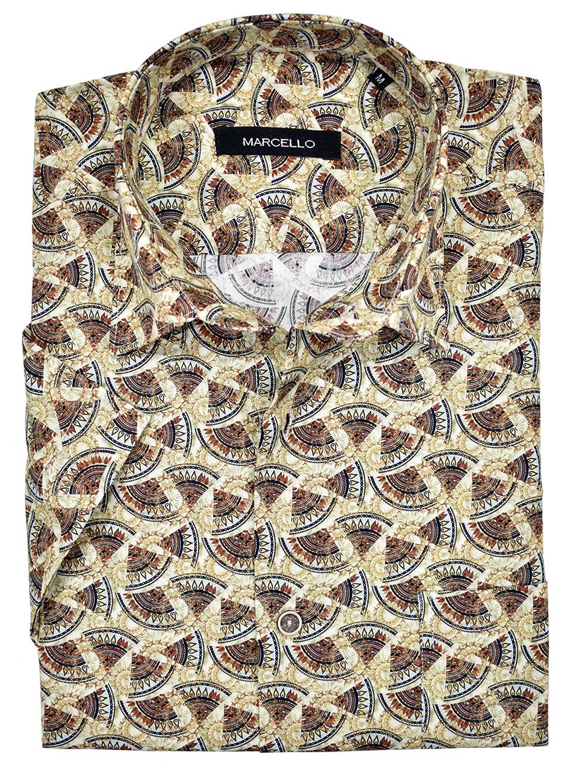 Marcello Geometric Quarter Medallion Print  Short Sleeve Soft cotton fabric, unique print detailing. Soft collar and custom buttons. Classic shaped print.