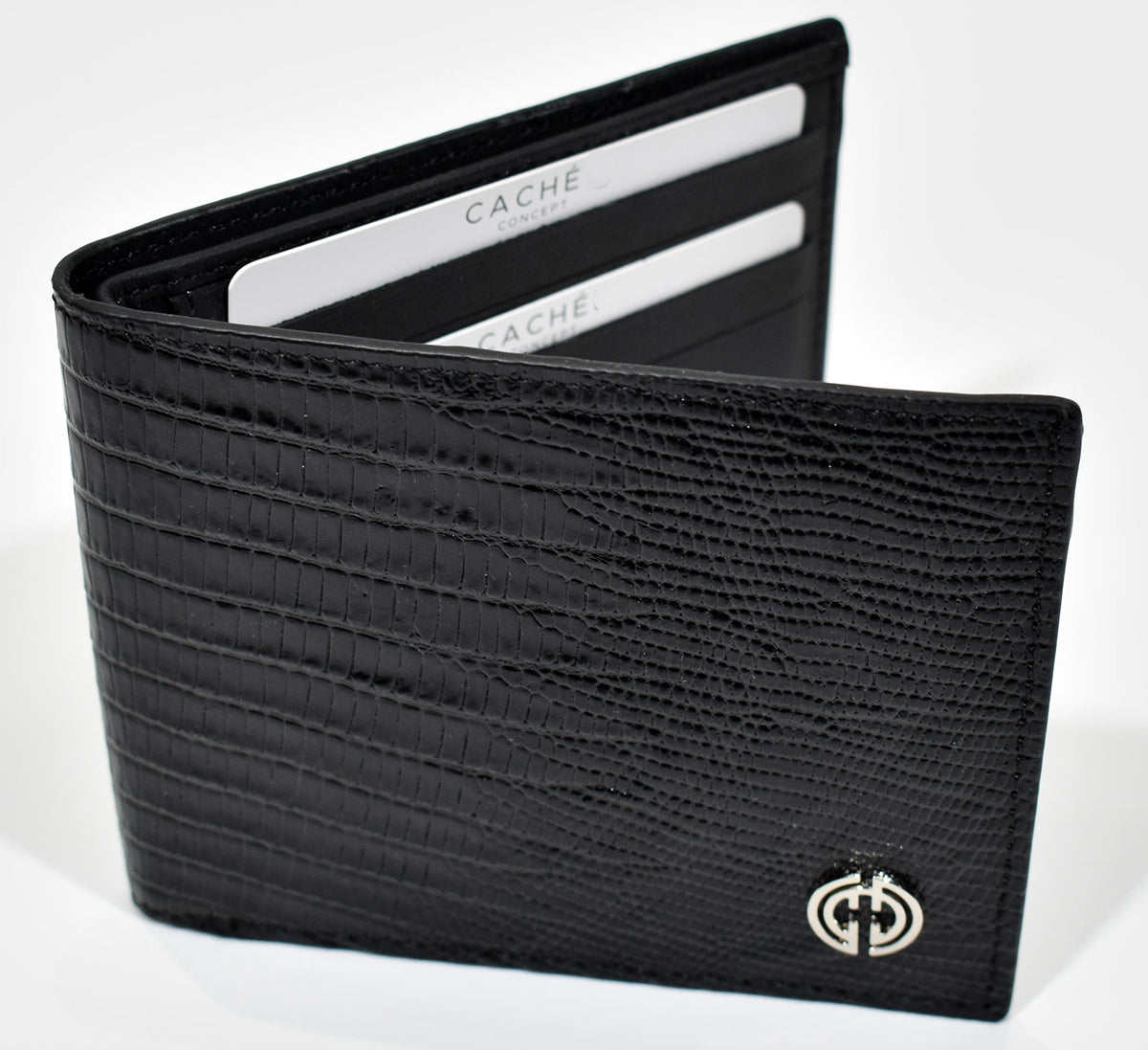 Classic men's leather wallet in the timeless lizard leather stamp print. Solid leather inside with eight card slots and two paper bill sections. Colors: Black, Brown