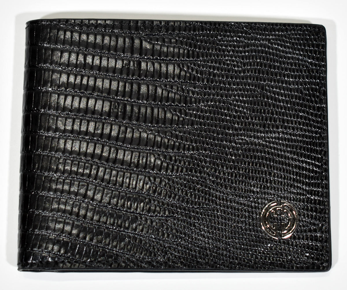 Classic men's leather wallet in the timeless lizard leather stamp print. Solid leather inside with eight card slots and two paper bill sections. Colors: Black, Brown
