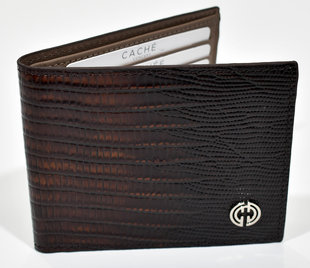 Classic men's leather wallet in the timeless lizard leather stamp print. Solid leather inside with eight card slots and two paper bill sections. Colors: Black, Brown