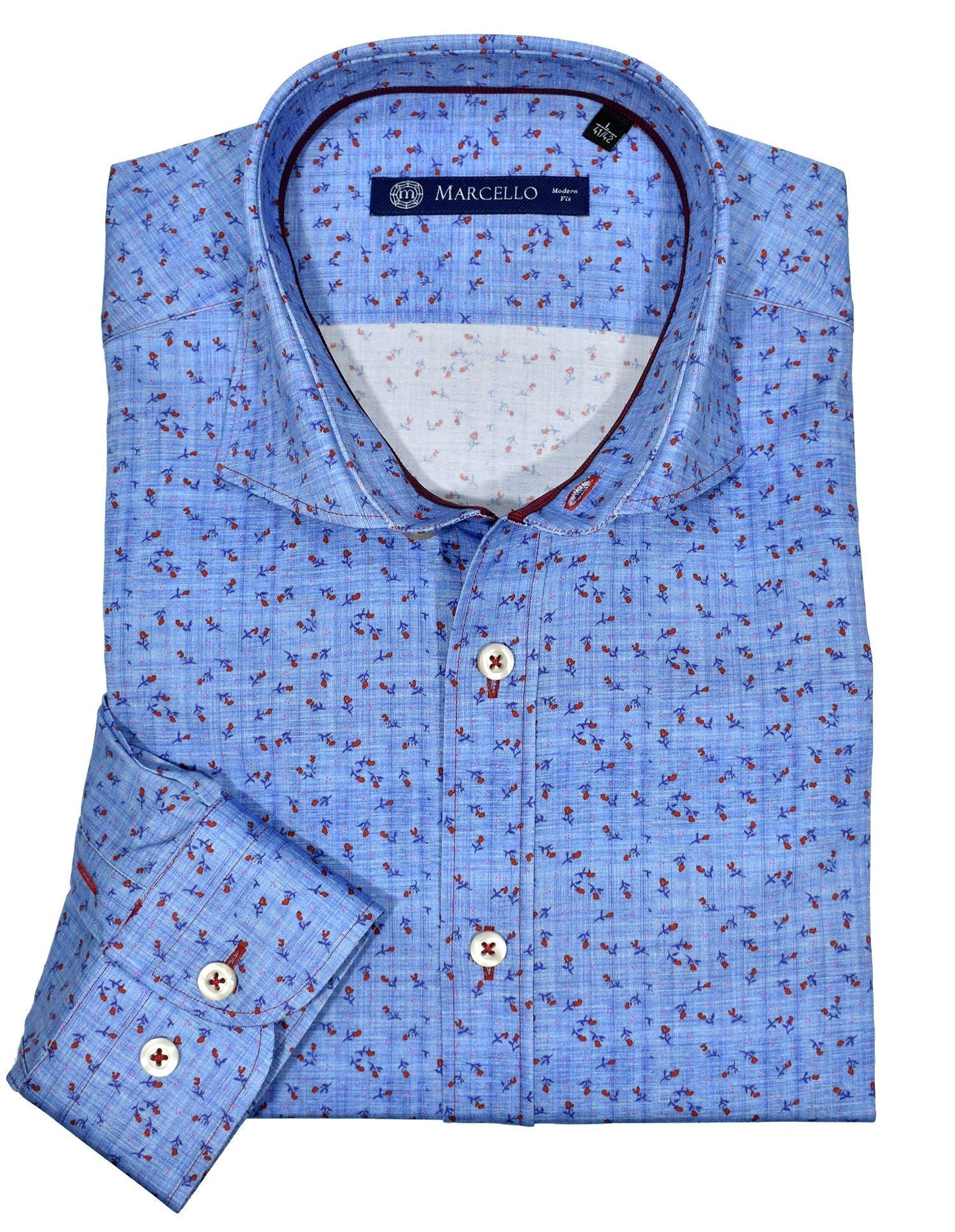 Premium cotton with lycra stretch. Medium spread collar for a contemporary look. Contrast stitch detailing adds style. Our exclusive two button cuff system creates the perfect turn up cuffs. Modern fit is best for a slim to medium build. Our model is 5'9" 160lbs and the MD is perfect.