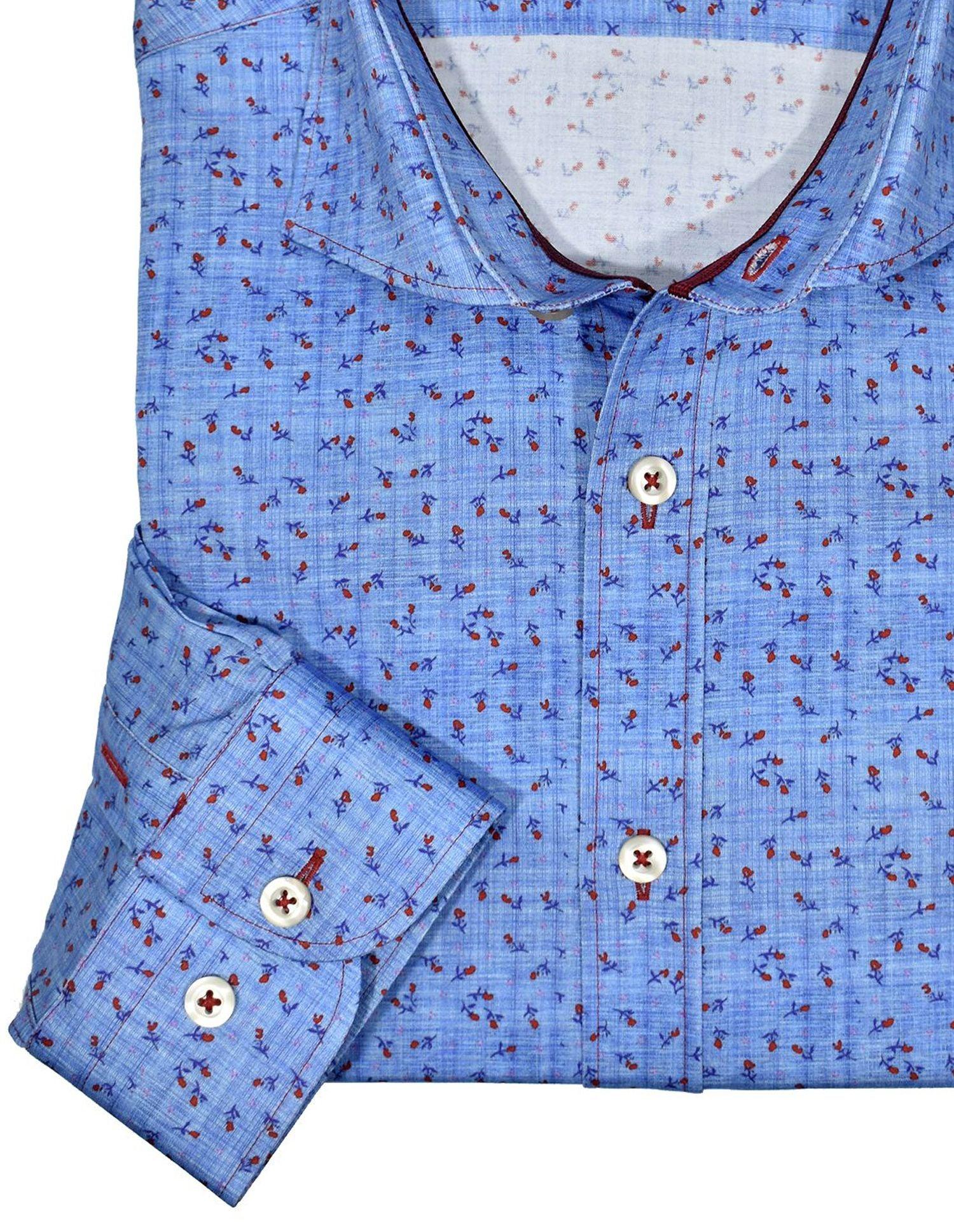 Premium cotton with lycra stretch. Medium spread collar for a contemporary look. Contrast stitch detailing adds style. Our exclusive two button cuff system creates the perfect turn up cuffs. Modern fit is best for a slim to medium build. Our model is 5'9" 160lbs and the MD is perfect.