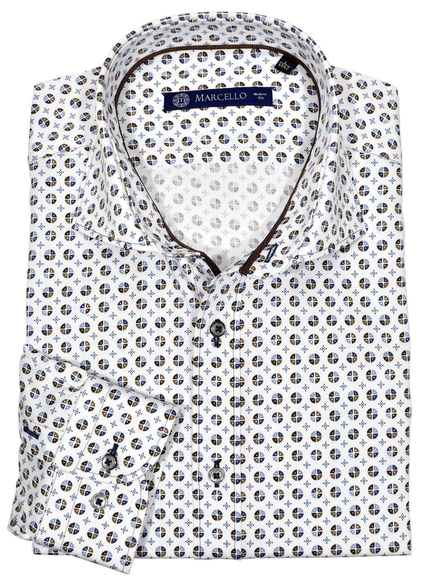 Premium cotton with lycra stretch. Medium spread collar for a contemporary look. Contrast stitch detailing adds style. Our exclusive two button cuff system creates the perfect turn up cuffs. Modern fit is best for a slim to medium build. Our model is 5'9" 160lbs and the MD is perfect.