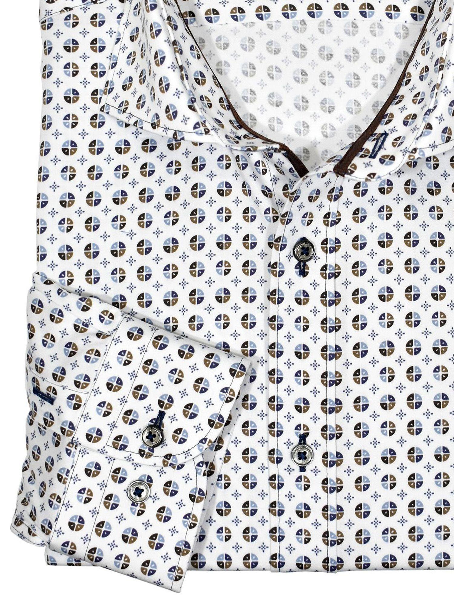 Premium cotton with lycra stretch. Medium spread collar for a contemporary look. Contrast stitch detailing adds style. Our exclusive two button cuff system creates the perfect turn up cuffs. Modern fit is best for a slim to medium build. Our model is 5'9" 160lbs and the MD is perfect.