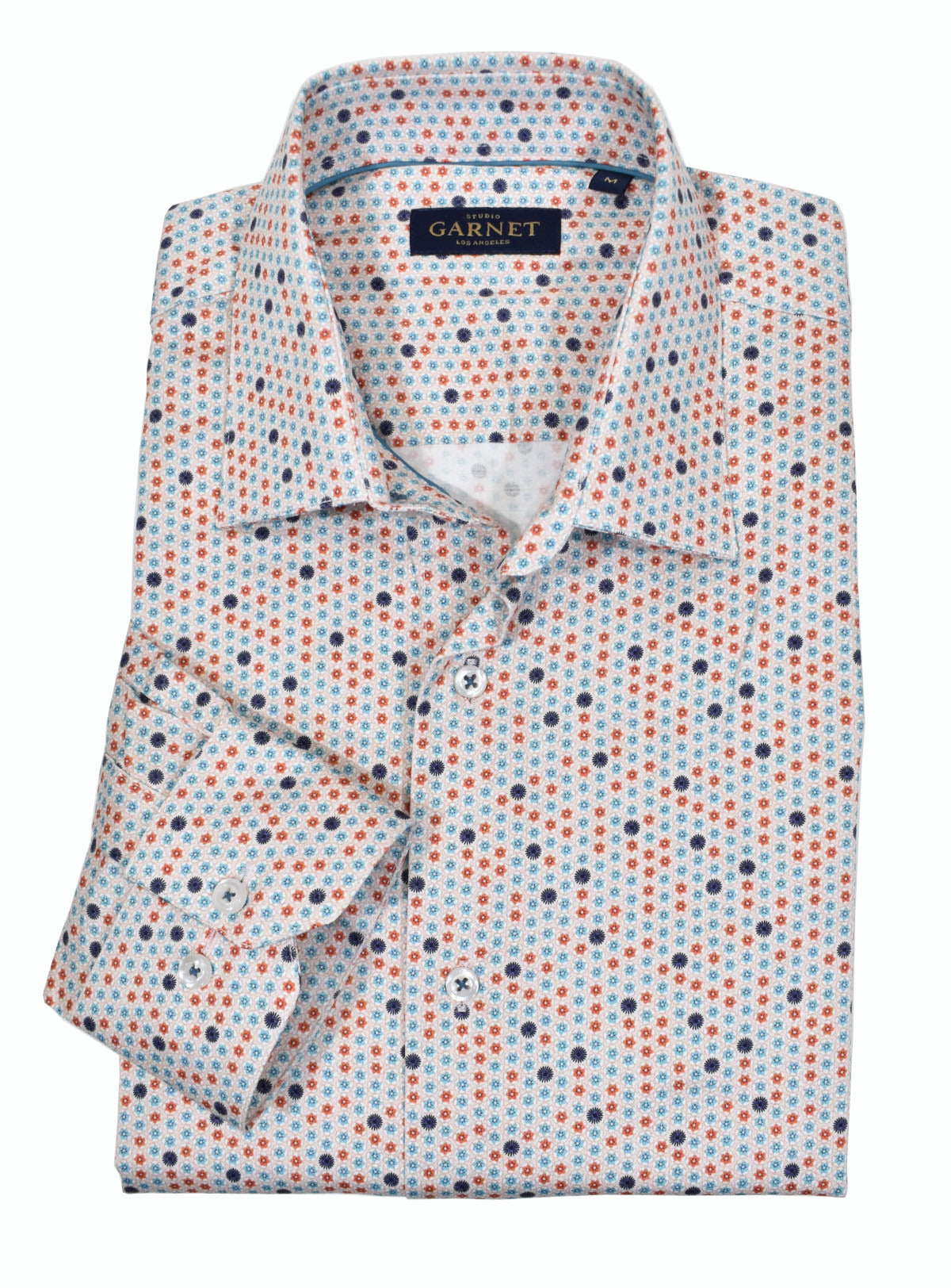 Cool sport shirt with varying colors of small stars on a soft cotton sateen fabric. The soft ground has a slight textured effect in the printing and the teal and red stars add style.  A good look to pair with any color denims.  Medium collar, classic shaped fit.
