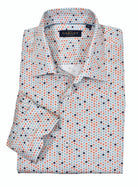 Cool sport shirt with varying colors of small stars on a soft cotton sateen fabric. The soft ground has a slight textured effect in the printing and the teal and red stars add style.  A good look to pair with any color denims.  Medium collar, classic shaped fit.