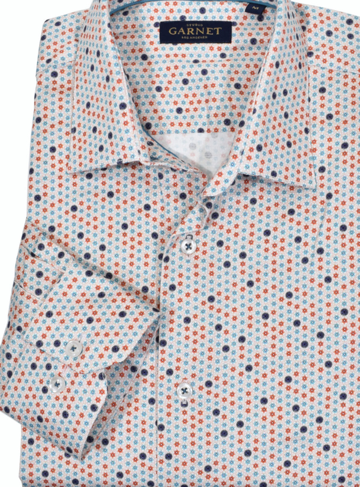 Cool sport shirt with varying colors of small stars on a soft cotton sateen fabric. The soft ground has a slight textured effect in the printing and the teal and red stars add style.  A good look to pair with any color denims.  Medium collar, classic shaped fit.